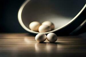 three eggs on a table in front of a bowl. AI-Generated photo