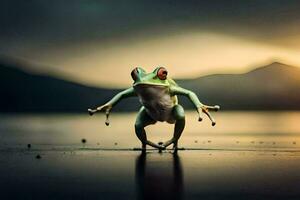 a frog standing on its hind legs in the water. AI-Generated photo