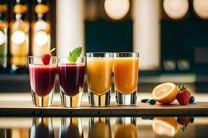 three glasses of juice on a table. AI-Generated photo