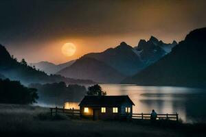 a cabin sits on the shore of a lake with a full moon. AI-Generated photo