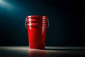 a red bucket on a dark floor. AI-Generated photo