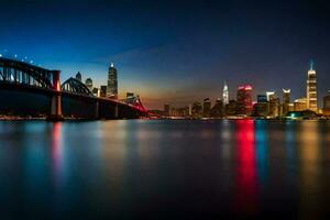 el ciudad horizonte a noche con luces en el puente. generado por ai foto