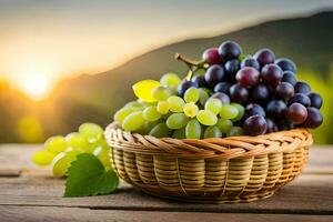 grapes in a basket on a wooden table. AI-Generated photo