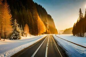 a snowy road in the mountains with trees and sun. AI-Generated photo