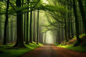 un camino mediante un verde bosque con arboles generado por ai foto