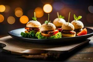 small hamburgers on a plate with lettuce and tomato. AI-Generated photo