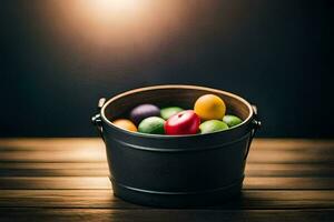 easter eggs in a bucket on a wooden table. AI-Generated photo