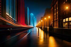 un ciudad calle a noche con luces en el edificios generado por ai foto