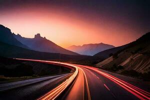 a long exposure photograph of a highway with mountains in the background. AI-Generated photo