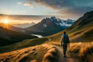 un hombre con mochila caminando en un sendero en el montañas. generado por ai foto