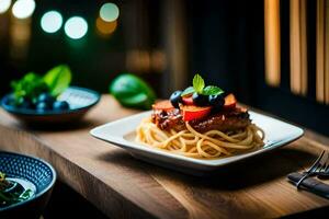 a plate of spaghetti with tomato sauce and black olives. AI-Generated photo