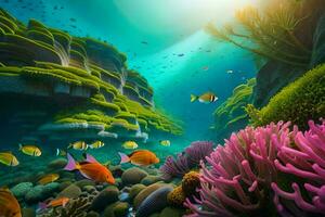 an underwater scene with coral reefs and fish. AI-Generated photo