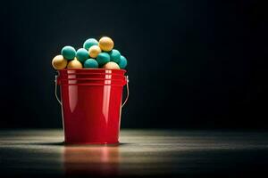 a bucket filled with colorful eggs on a dark background. AI-Generated photo