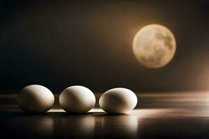 Tres huevos son sentado en un mesa en frente de un lleno Luna. generado por ai foto