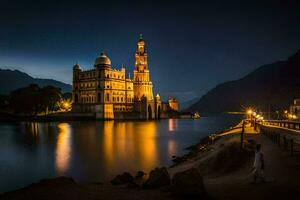 a beautiful castle sits on the shore of a lake at night. AI-Generated photo