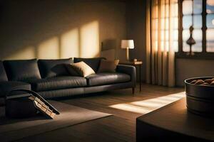 a living room with a couch and a table. AI-Generated photo