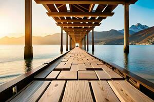 a wooden pier with a mountain in the background. AI-Generated photo