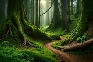 un camino mediante un verde bosque con cubierto de musgo arboles generado por ai foto