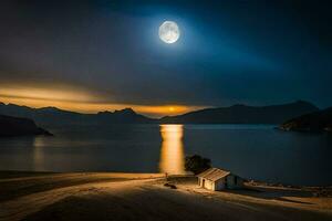 un pequeño casa se sienta en el apuntalar de un lago a noche. generado por ai foto