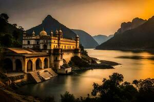 un hermosa puesta de sol terminado un lago con un templo en el antecedentes. generado por ai foto