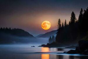 the moon rises over a lake and forest. AI-Generated photo