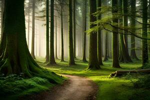 a path through a green forest with trees. AI-Generated photo