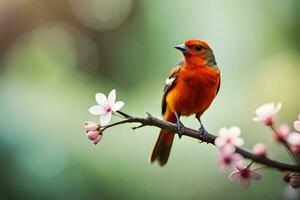a small orange bird sits on a branch with pink flowers. AI-Generated photo