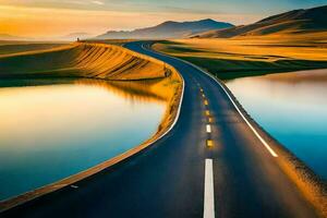 un largo la carretera con un lago en el medio de él. generado por ai foto