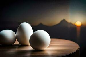 three eggs on a table with a sunset in the background. AI-Generated photo