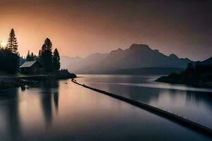 a lake with a wooden dock and mountains in the background. AI-Generated photo