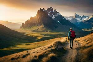 un hombre con mochila caminando en un sendero en el montañas. generado por ai foto