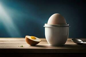 an egg is sitting in a cup on a table. AI-Generated photo