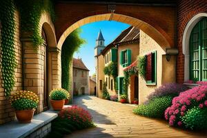 an artistic painting of a street with flowers and plants. AI-Generated photo