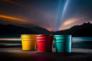 three colorful buckets sit on the beach at night. AI-Generated photo