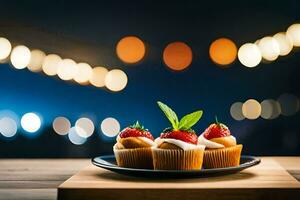 three cupcakes on a plate with a light background. AI-Generated photo