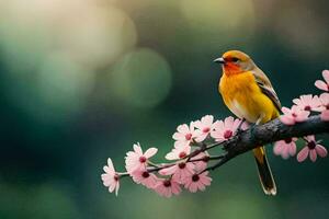 a bird sits on a branch with pink flowers. AI-Generated photo