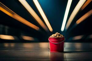 a red bucket filled with coins on a subway platform. AI-Generated photo