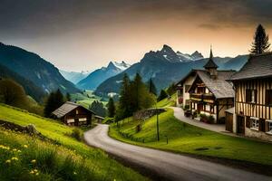 a road leading to a mountain village with green grass and trees. AI-Generated photo