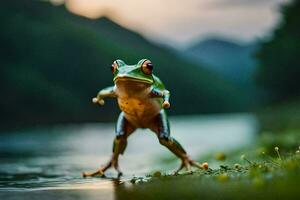 a frog standing on its hind legs in the water. AI-Generated photo