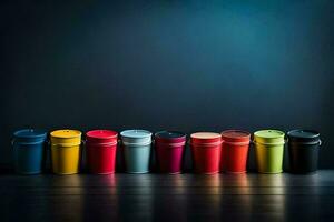 a row of colorful cups on a dark background. AI-Generated photo