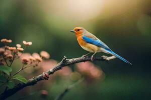 a blue and orange bird is sitting on a branch. AI-Generated photo