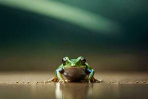 a frog sitting on the ground with a blurry background. AI-Generated photo