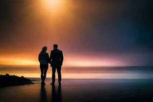 a couple standing on the beach at sunset. AI-Generated photo