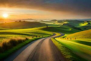 the sun rises over a road in the middle of a green field. AI-Generated photo