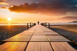 a wooden walkway leads to the beach at sunset. AI-Generated photo
