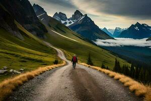 a man walking down a dirt road in the mountains. AI-Generated photo