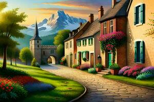 a painting of a village street with flowers and trees. AI-Generated photo