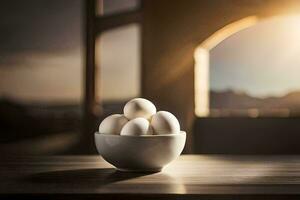 huevos en un cuenco en un mesa en frente de un ventana. generado por ai foto