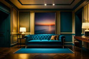 a blue couch in a room with a view of the ocean. AI-Generated photo