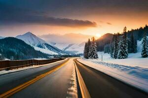 a snowy road in the mountains with the sun setting. AI-Generated photo